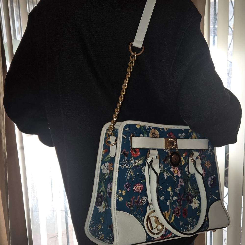 Dasein Floral Satchel Crossbody Bag Blue White Gold Hardware - Picture 2 of 14